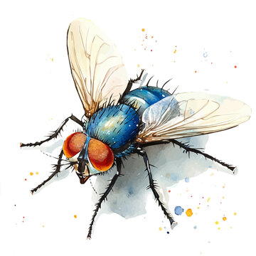 Housefly, elegant watercolor illustration luminous highlights, isolated on a white background.