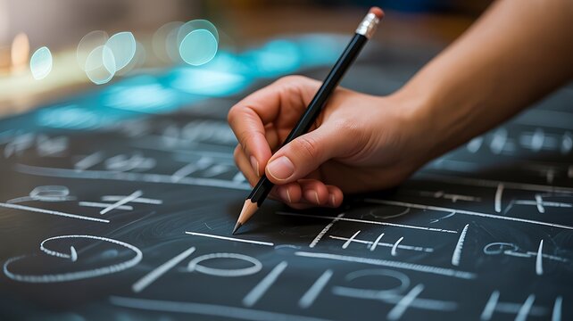 Hand writing math equations on chalkboard education learning school concept
