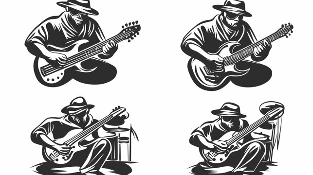 Four black and white illustrations of a musician playing a guitar in a hat