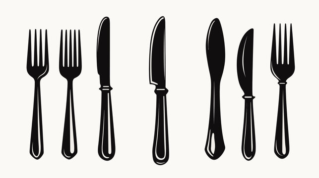 Silhouettes of utensils; forks and knives are arranged in a pattern on a white background