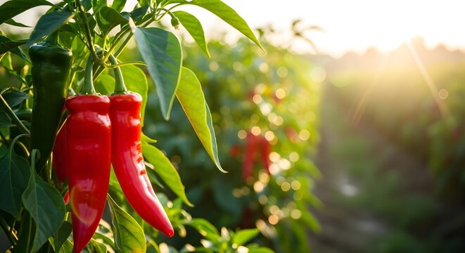Fresh red chili peppers growing on plant in golden morning sunlight