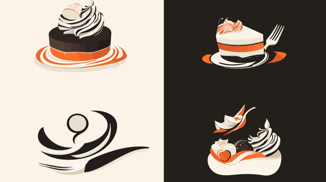 Four stylized illustrations, showcasing cakes and abstract graphic elements in a modern, simple aesthetic
