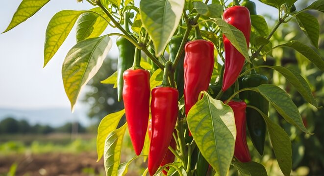 Fresh red chili peppers growing on plant in sunny organic farm field