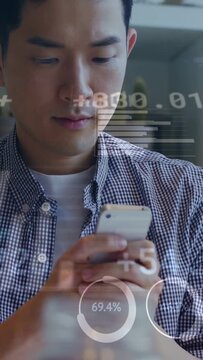 Vertical video: Man tapping phone, causing HUD charts overlaying as pulling back, tracking finance