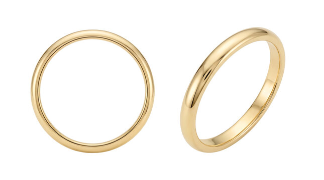 Classic 18k yellow gold wedding band shown from top and perspective views on a white background, ideal for jewelry e-commerce product listings and bridal marketing.