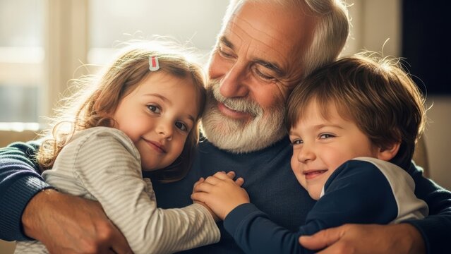 Happy Grandfather Hugging Grandchildren with Warm Sunlight