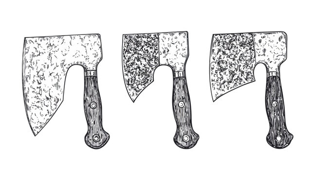 Black and white illustration of three cleavers. Each has a wooden handle and a textured blade