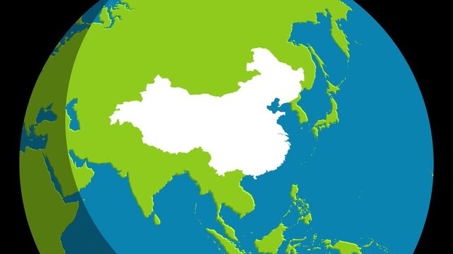 Animated motion graphic of a rotating globe zooming into China, highlighting its geographic position within Asia. Designed in a clean flat vector style