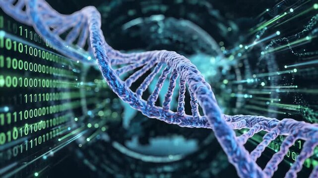 Abstract DNA Helix with Binary Code and Earth Globe Background.