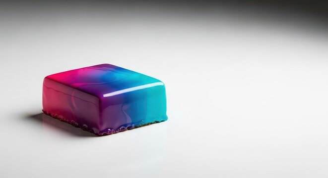 A luxurious petit gateau featuring a flawless, high-gloss mirror glaze finish, resting on a clean white surface for contrast, shiny, culinary, reflection