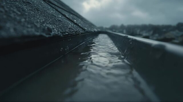 Rainwater flowing in gutter under gray sky on cloudy day  