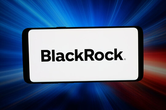 Stuttgart, Germany - 04-10-2026: In this photo illustration, the logo of US investment company BlackRock Inc. is displayed on a smartphone in front of abstract background on computer screen.
