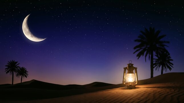 Ramadan Night Background with Crescent Moon Stars and Glowing Lantern Copy Space
