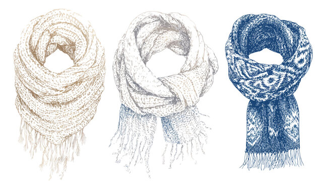 Three hand-drawn scarves in different colors, each with intricate details and a fringed edge
