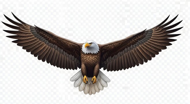 A majestic bald eagle spreads its wings in flight against a transparent background