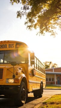 Golden hour sun flares on a classic yellow school bus parked near a school building