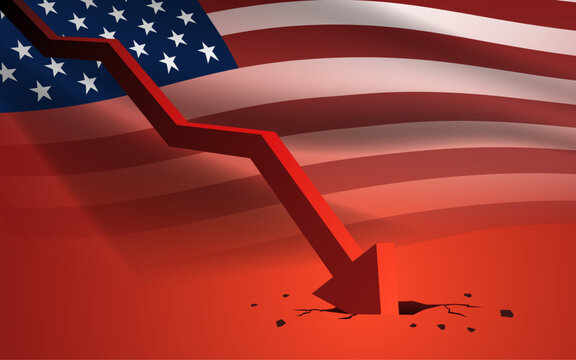 Falling red arrow crashing through the American flag symbolizing economic decline, recession, and financial crisis in the United States. 