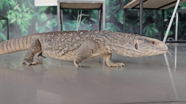 A large lizard walks slowly on a shiny floor.