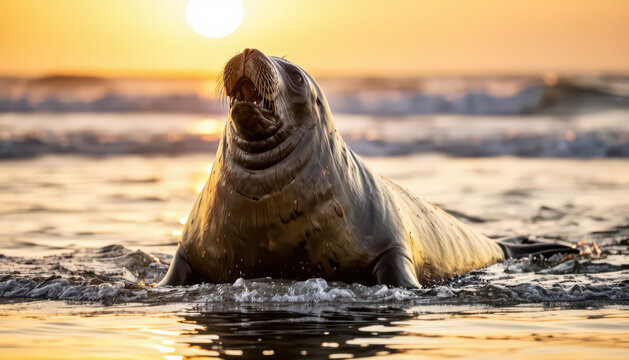 A large seal emerges from the water as the sun sets. The seal creates splashes in the ocean, reflecting the orange hues of the sunset.