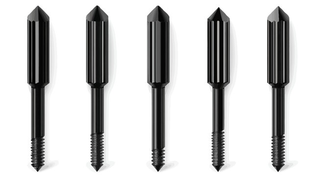 Overhead studio shot of five black screws, each with a pointed tip and threaded shank, isolated on white