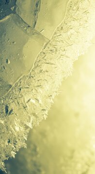 Abstract macro view of a pale, lemon-yellow icy texture showing sharp crystalline forms and delicate frozen patterns under cold light, cold, glacier, detail