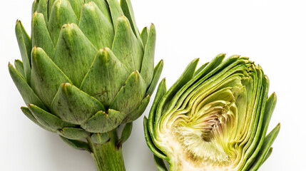 Obraz premium Sculptural green artichokes, one halved to reveal internal heart, on a seamless white background. Minimalist flat lay photography with copy space for commercial design