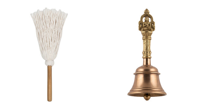 Tibetan Buddhist Ritual Bell and Ceremonial Whisk Isolated on White Background. Traditional Ghanta and Chamar Prayer Tools for Meditation, Spirituality, and Religion Education Content.