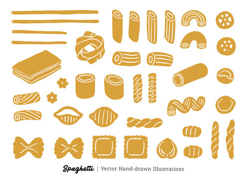 Hand-Drawn Pasta Shape Vector Bundle &ndash; Golden Filled Italian Noodle Illustration Collection