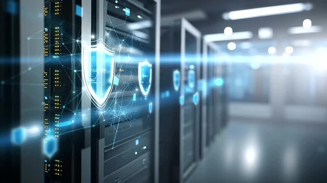 Secure data center protection with shield icons overlaying rows of server racks in blue-lit hallway, cybersecurity visualization, infrastructure defense, with copy space