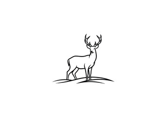 Fototapeta premium Minimalist line art of a majestic male deer with antlers standing in a field with forest life