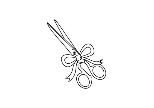 Scissors with ribbon bow line art illustration for grand opening or craft with ribbon cutting