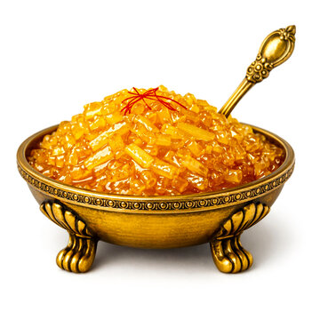 Traditional Indian Gujarati food  sweet pickle shredded mango Murabba, mango chutney,  mango  Chundo in bowl with spoon, made from Indian variety mango Hapus, Neelam, Alphonso, Kesar mango 