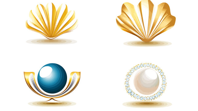 Four stylized illustrations, featuring seashells and pearls, with gold and jewel accents, set against white
