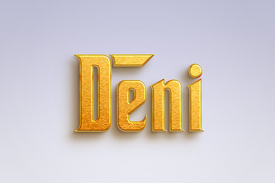 Gold text effect of Indonesian name Deni on light-blue background.