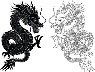 Fototapeta premium Intricate black and white dragon illustration facing each other, symbolizing yin yang balance, duality, strength, mythology, and harmony