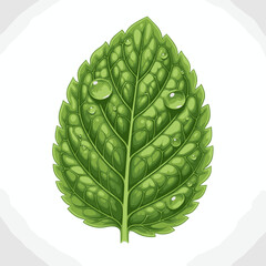 Close-up illustration of a fresh green mint leaf with glistening water droplets. © Syaiin