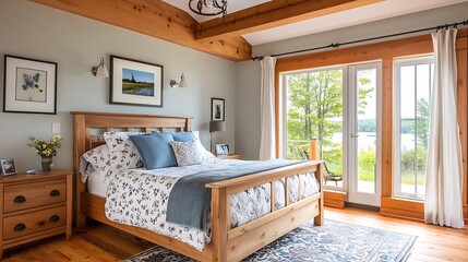 Fototapeta premium Beautifully decorated bedroom features a comfortable wooden bed with patterned bedding, blue pillows, and a view of a serene lake through large glass doors
