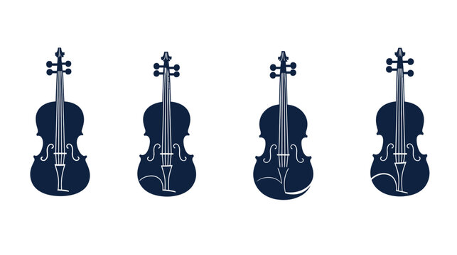 A row of four silhouetted violins against a white background. Each depicts musical instruments