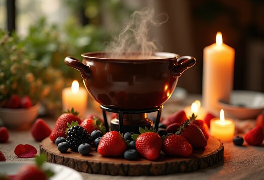 Romantic Chocolate Fondue Experience indulgent Dipping Fruits Exquisite Lover's Table Delightful Circle