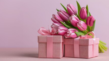 Fototapeta premium Pink tulip bouquet with gift boxes on pastel background for celebration and elegant holiday greeting