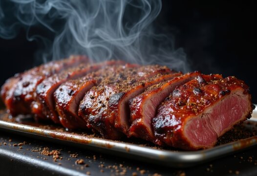 Smoked Beef Brisket Barbecue Metal Tray Flavorful Feast Cooking Process