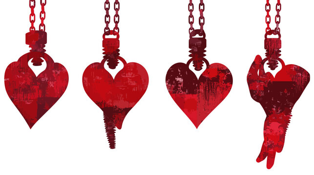Four stylized red hearts hanging by chains, with various textures, shapes, and attachments