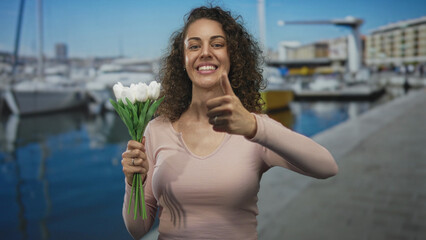 Fototapeta premium Young hispanic woman holding white tulips in her left hand and giving thumbs up with her right hand on a street by boats and marina; happiness.
