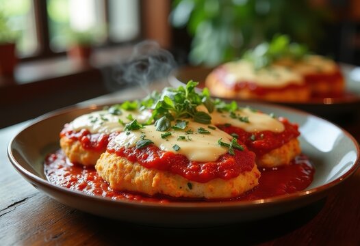 Sumptuous Chicken Parmesan Melting with Cheese in an Inviting Bistro Atmosphere