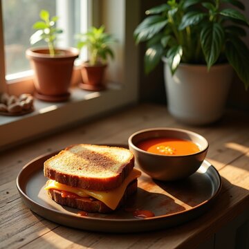 Toasted Cheese Sandwich Dipped in Tomato Soup Set on Wooden Counter in Inviting Kitchen Atmosphere