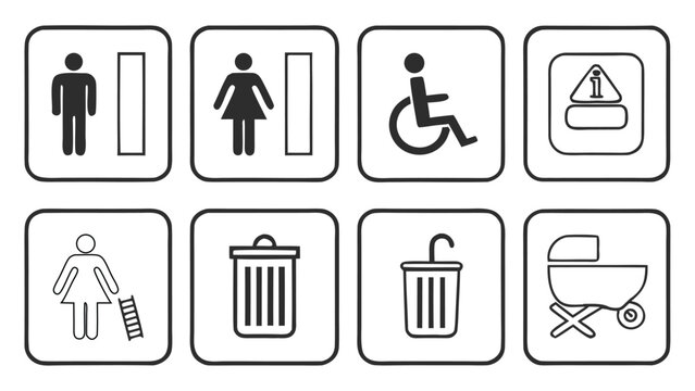 Public Restroom Icons Set, Toilet, Shower, Wheelchair, Baby, Trash Symbols Vector