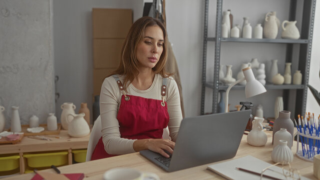 Woman potter typing on laptop in pottery studio wearing red apron and surrounded by ceramic vases; focused craft entrepreneurship.