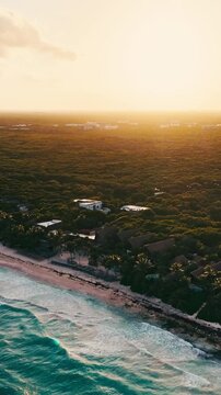 Aerial Drone View of Tulum Coastline at Sunset Caribbean Beach Riviera Maya Mexico