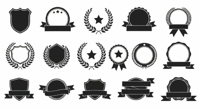 Collection of fifteen black heraldic shield icons, laurel wreath emblems, and circular award badges with ribbons and stars. Vector silhouette set for certification and achievement designs.