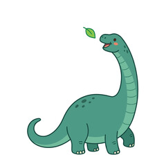 Fototapeta premium A cartoon dinosaur eating a leaf outdoors in a natural setting.